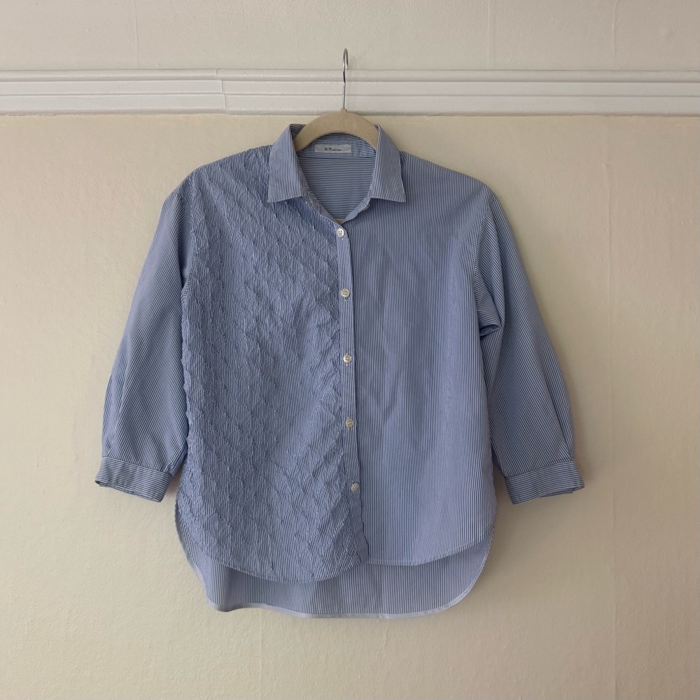 Kiyoko Takase Japan - Blue White Cropped Button-Down Shirt, With a Twist! - XS S